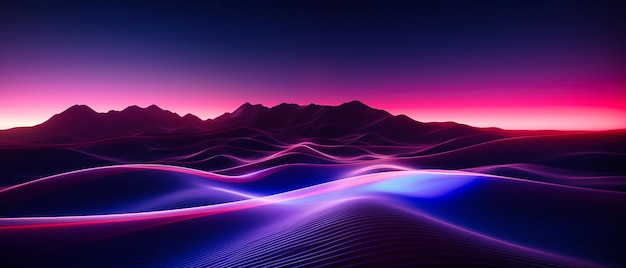 写真 山の背景に波と線を描いた抽象的な背景 未来主義的な技術スタイル