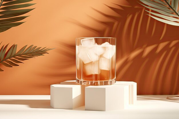 Photo abstract background with white podiums and palm branch featuring a chilled coffee cocktail with ice
