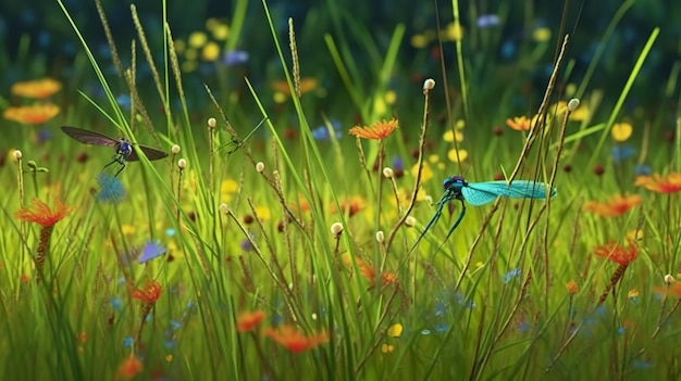 野生の花の草原と青い翼を持つ飛行トンボの抽象的な背景クローズ アップ ビューの壁紙の別の花と草バナー デザインの水平方向の図生成 AI