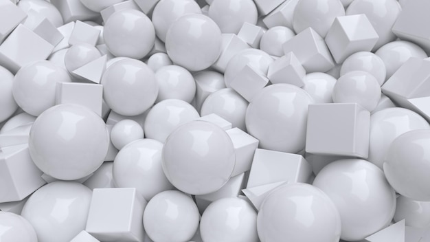 Abstract background with with cubes and spheres 3d rendering White glossy shapes