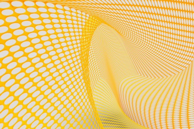 Sfondo astratto di maglia metallica gialla su sfondo grigio fuoco selettivo, colore dell'anno 2021, rendering di illustrazioni 3d