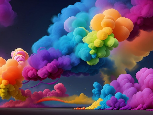 다채로운 무지개 연기의 추상적인 배경은 물리적 구조 폭발을 만니다.