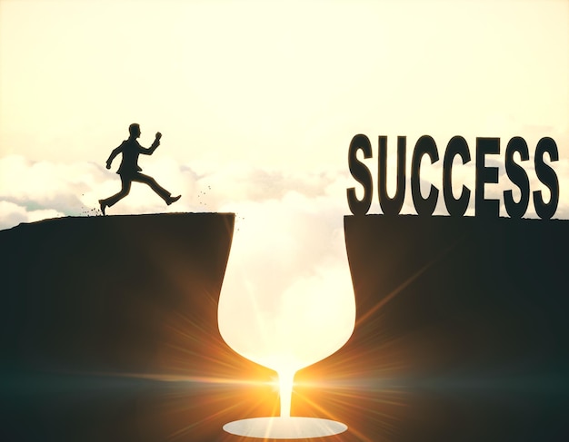 Photo abstract backlit image of young businessman overcoming alcohol gap on the way to success with sunlight leadership and growth concept 3d rendering