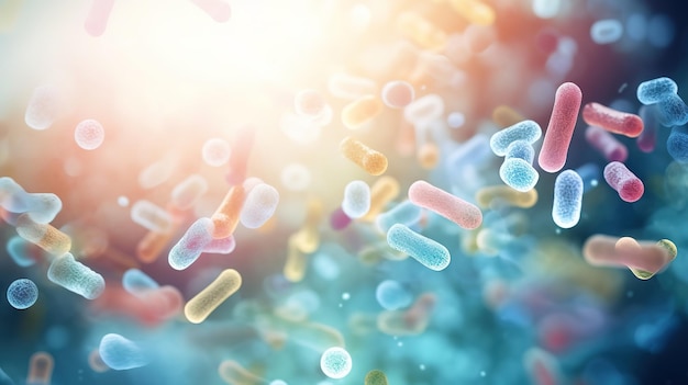 Abstract bacteriën probiotica grampositieve bacteriën bacteriën en virussen van verschillende vormen tegen een lichte achtergrond Concept van wetenschap geneeskunde Microbiologie achtergrond