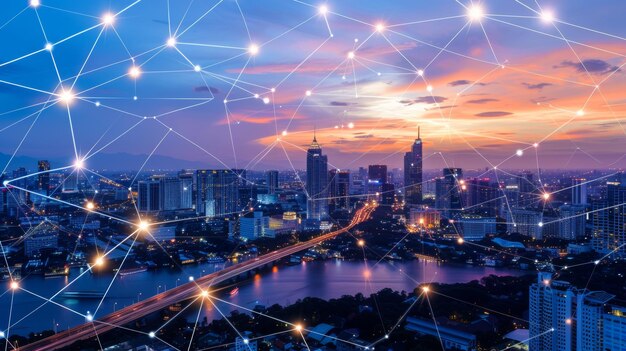 Abstract Bangkok city background with wireless network and connection technology concept