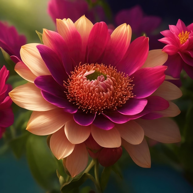 Abstract beautiful dahlia flower yellow and pink Image generated by Ai