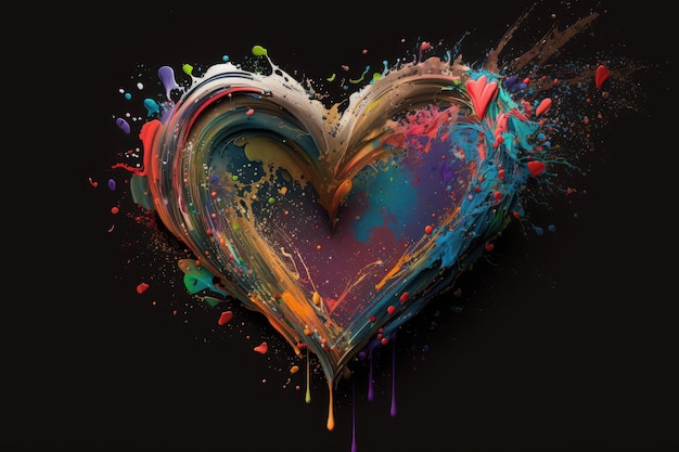 Abstract beautiful heart in multicolored splashes of paint on dark background