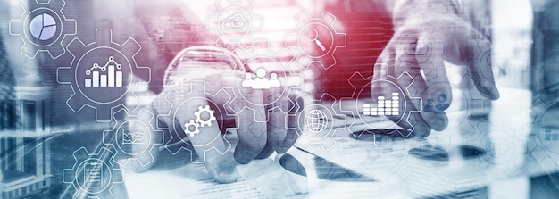 Abstract bedrijfsdiagram met versnellingen en pictogrammen Workflow en automatiseringstechnologieconcept