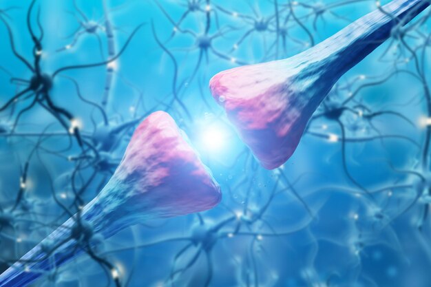 Abstract beeld van roze en witte diagonale neuronen over blauwe achtergrond met nerveuze cellen. Concept van wetenschap en geneeskunde. 3D-rendering dubbele belichting