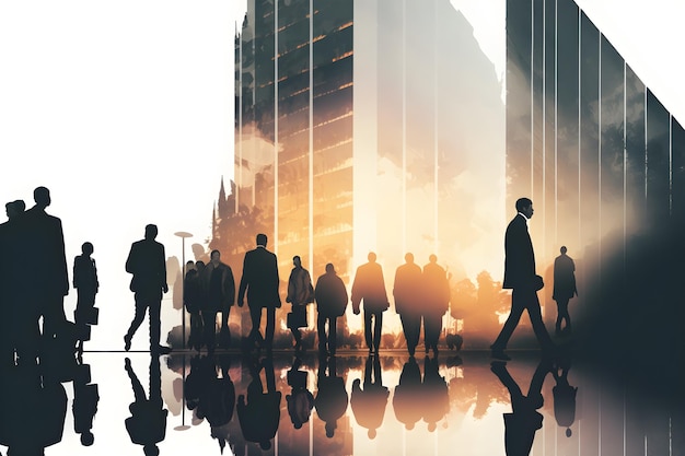 Abstract beeld van veel zakenmensen samen in groep op achtergrond van stadszicht met kantoorgebouw AI generatief