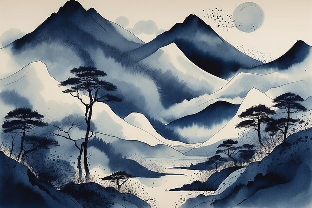 Abstract berglandschap in Japanse stijl indigo inkt