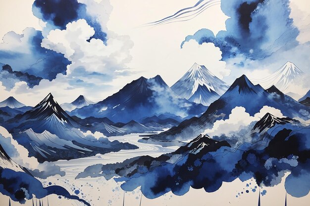 Abstract berglandschap in Japanse stijl indigo inkt