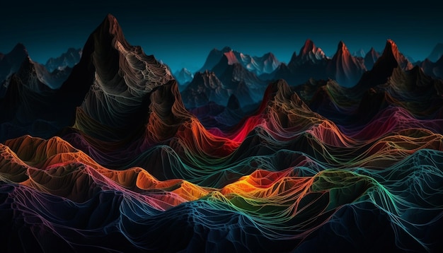 Foto abstract berglandschap met veelkleurige golven en bochten gevormd door kunstmatige intelligentie