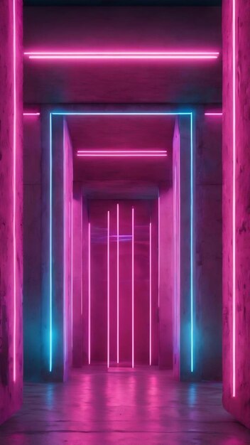 Foto abstract beton futuristisch sci-fi interieur met roze en blauwe gloeiende neonbuizen 3d illustratie