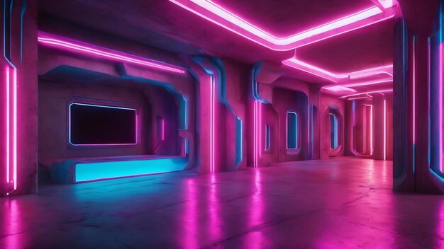 Abstract beton futuristisch sci-fi interieur met roze en blauwe gloeiende neonbuizen 3d