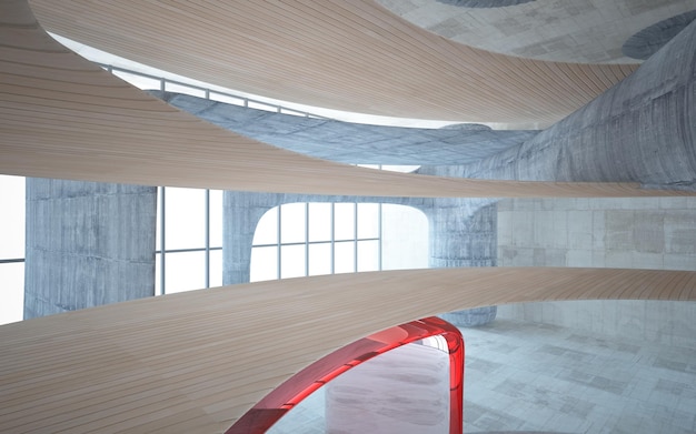 Abstract betonglas en houten interieur met venster 3D illustratie en weergave