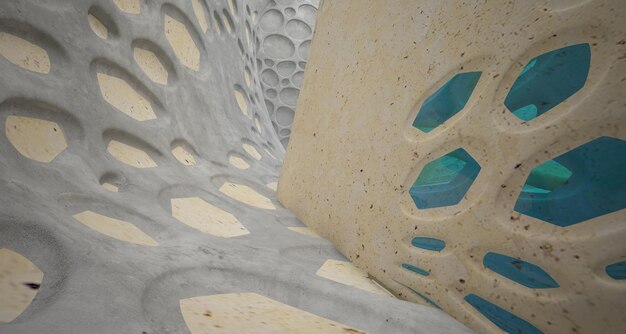 Abstract betonnen parametrisch interieur met neonverlichting 3D illustratie en weergave