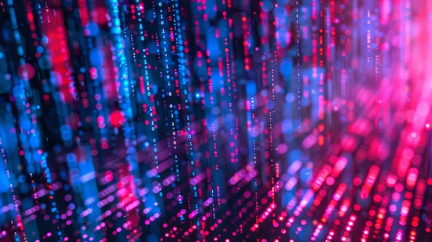 abstract binary code visualization a digital art piece displaying abstract binary code in vibrant blue and red hues the visual is reminiscent of data streams or a digital rain effect