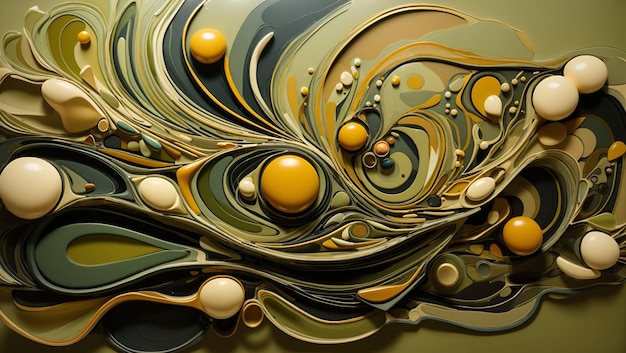 Abstract biomorphic painting olive color 3d artwork background design wallpaper