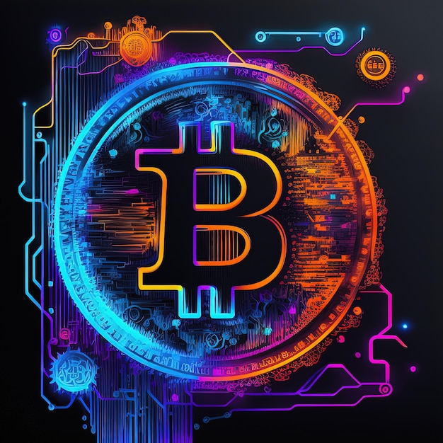 Abstract bitcoin in neon colors black background Generaive AI