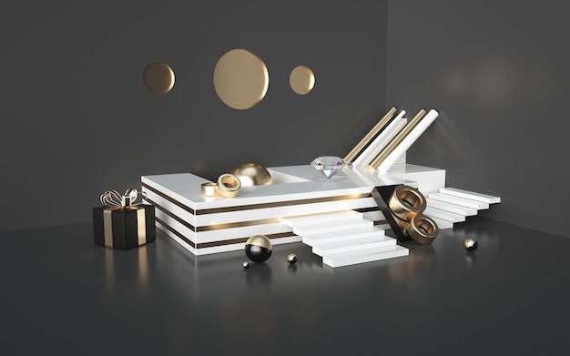 Abstract black 3d renderings with gold striped podium and gift box for a product display