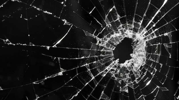 Photo abstract black background with broken glass texture and bullet hole