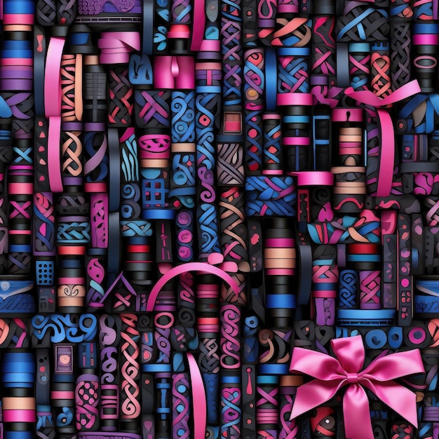 Abstract black background with colorful ribbons and books tiled