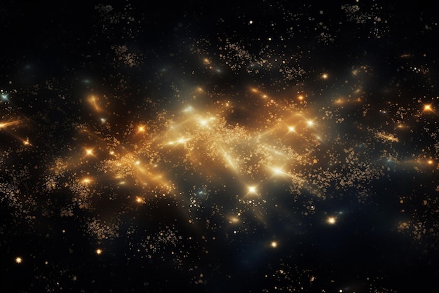 an abstract black background with glowing lights and shiny stars