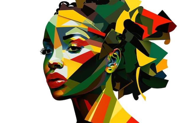 추상 흑인 여성 초상화 흑인 역사 달 은 녹색과 노란색 색상 생성 ai