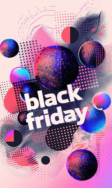 An abstract Black Friday promotional graphic with colorful spheres and dynamic patterns