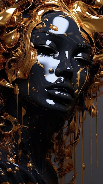 Abstract black gold designs with a woman in the style of melting