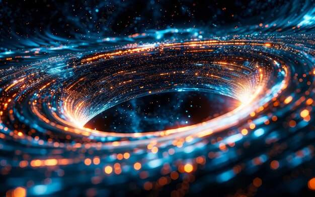 Abstract black hole or wormhole in space with glowing light effects and particles blue orange colors