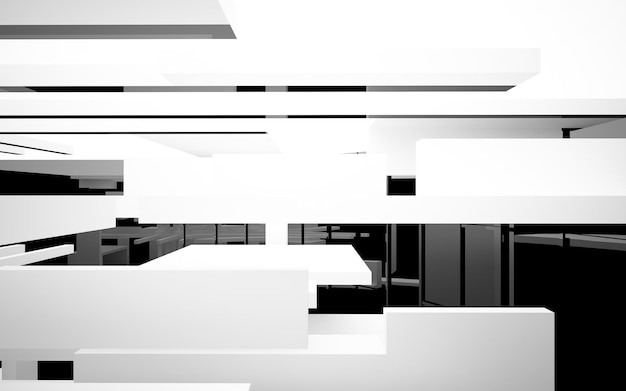 Фото Абстрактный черный интерьер из массива белых и зеленых кубов с оконной 3d иллюстрацией и рендерином