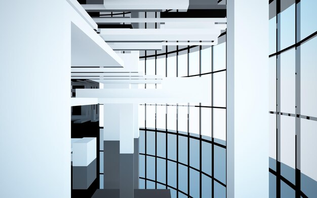 Abstract black interior from array white and green cubes with window 3D illustration and renderin