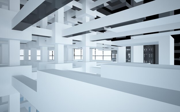 Abstract black interior from array white and green cubes with window 3D illustration and renderin