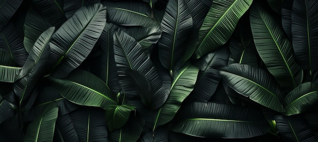 평평하고 어두운 자연 개념으로 열대 잎 배경에 대한 추상적인 검은 잎 텍스처
