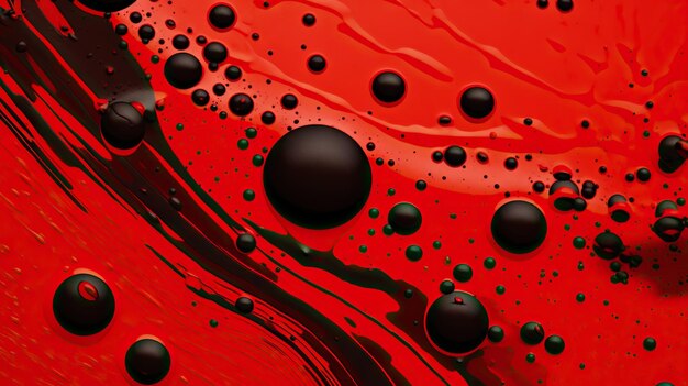 Abstract black paint drops mixed in red oil background Nonmixing fluids pattern Generative AI