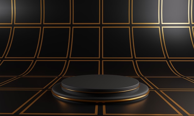 黒の正方形のパターンの背景に抽象的な黒の表彰台。