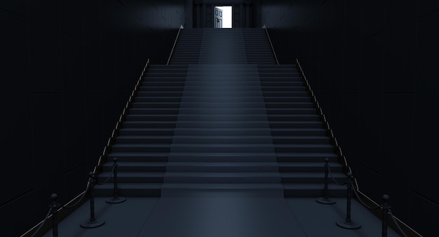 계단이 있는 추상적인 검은색 방과 밝은 조명이 있는 열린 문