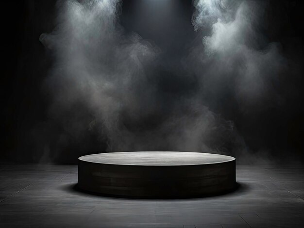 Foto piattaforma di prodotti drammatici black smoke podium con spotlight su un palco atmosferico buio