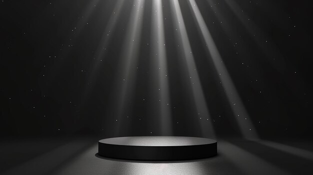 Photo abstract black stage with one round podium in light beam with light spot mockup for presentation