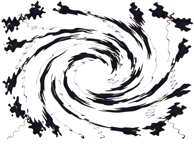 Abstract black white background, black dragonflies fly out in a spiral, unusual texture, engraving