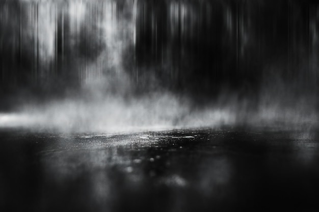 Abstract black and white background of a wet asphalt road in the forest