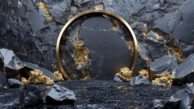 An abstract black and white display scene with black cobblestone ruins broken rocks round frames and golden nuggets