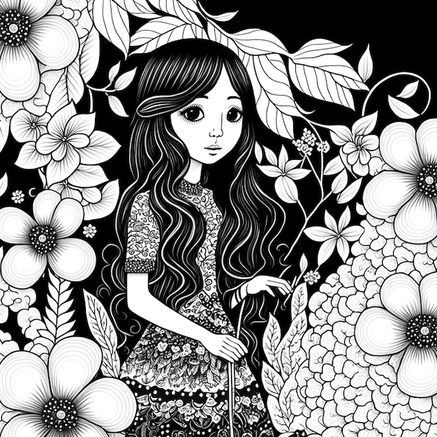 Photo abstract black and white graphics portrait of a girl printable art ink drawing flowers background