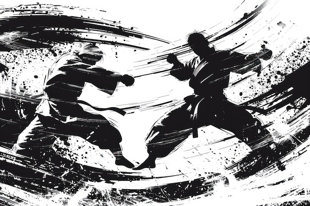 Photo abstract black and white illustration of two karate man