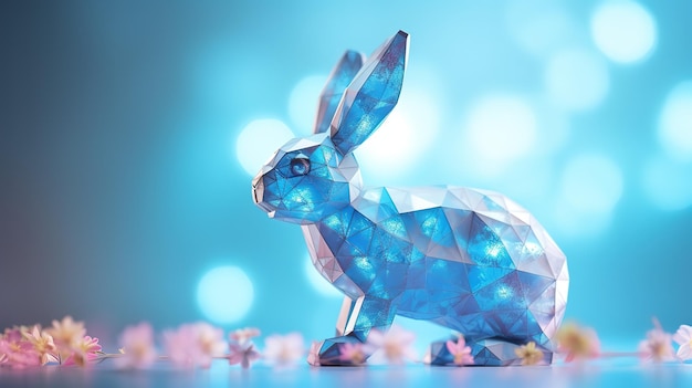 Abstract blauw konijn met paasei en lentebloemen