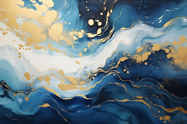 Abstract Blauwe en Gouden Swirl Schilderen op Canvas Generatieve AI