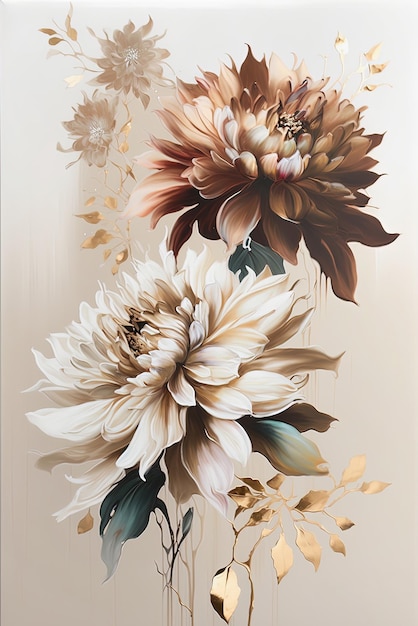 Abstract bloemenolieverfschilderij Gouden bloemen op pastelachtergrond Generatieve AI