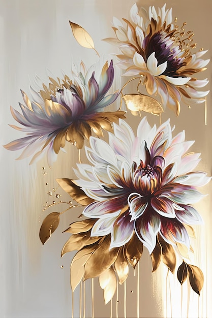 Abstract bloemenolieverfschilderij Gouden dahlia bloemen op witte achtergrond Generatieve AI